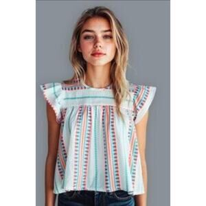 Grace & Karma Cotton Blend Aztec Pull Over Embroidered Blouse Size M NWT